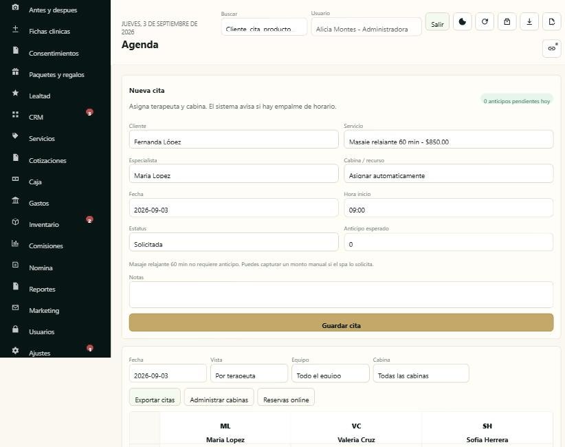 Agenda de Ilbera Spa Suite por terapeuta, con citas y cabinas asignadas