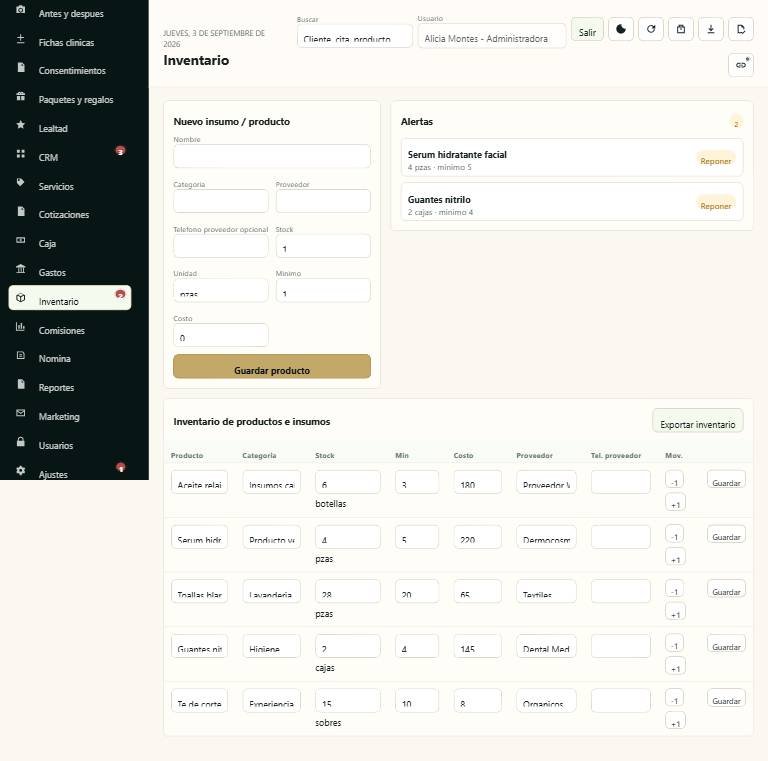 Módulo de Inventario de Ilbera Spa Suite, con alertas de stock bajo